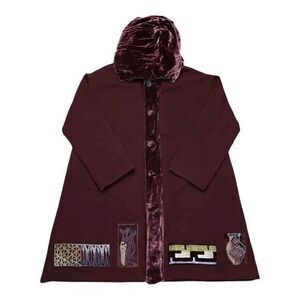 Blue Fish Wool Heavy Coat‎ Velvet Trim Hand Painted Womens Oversized